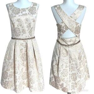 NWT Eliza J Cream and Gold Jacquard Dress Cross Back Rhinestone Belt